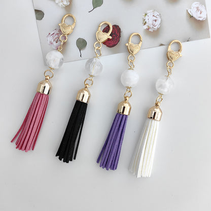 Tassel Bag Pendant In White Featuring PU Leather Material, Stylish Keychain Accessory