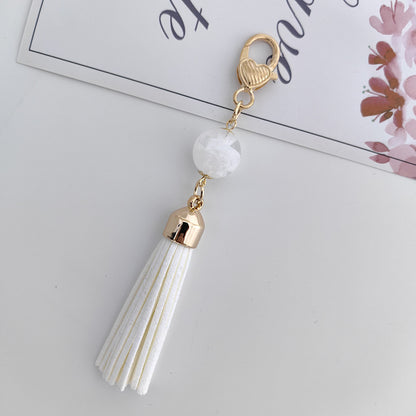 Tassel Bag Pendant In White Featuring PU Leather Material, Stylish Keychain Accessory