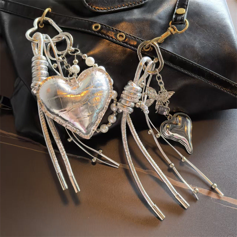 Heart Shape Keychain With Bow Knot Design In Silver, Stylish Jewelry Accessory