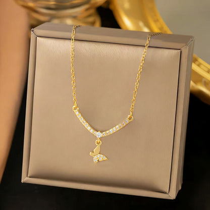 Unisex Butterfly Necklace With Tassel And Smiley Face Design In Golden Color
