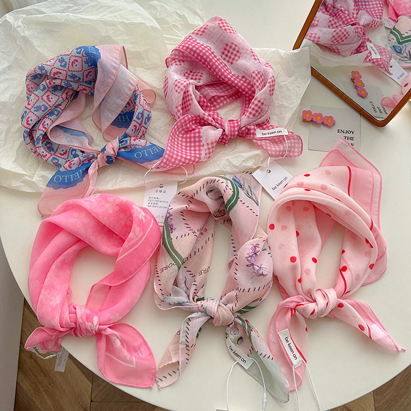 Cotton And Linen Silk Scarf Featuring Flower Pattern In Pink, Perfect For Spring & Summer