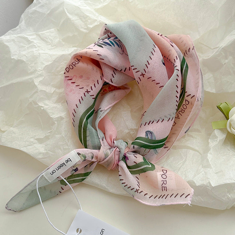 Cotton And Linen Silk Scarf Featuring Flower Pattern In Pink, Perfect For Spring & Summer
