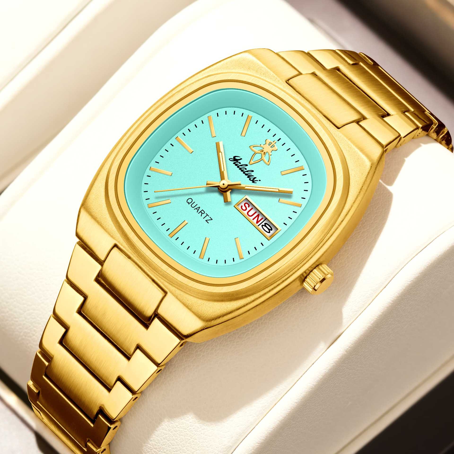 Women’s Quartz Watch With Tempered Glass, Square Dial, Steel Strap, Number Display, Butterfly Double Snap Buckle Golden