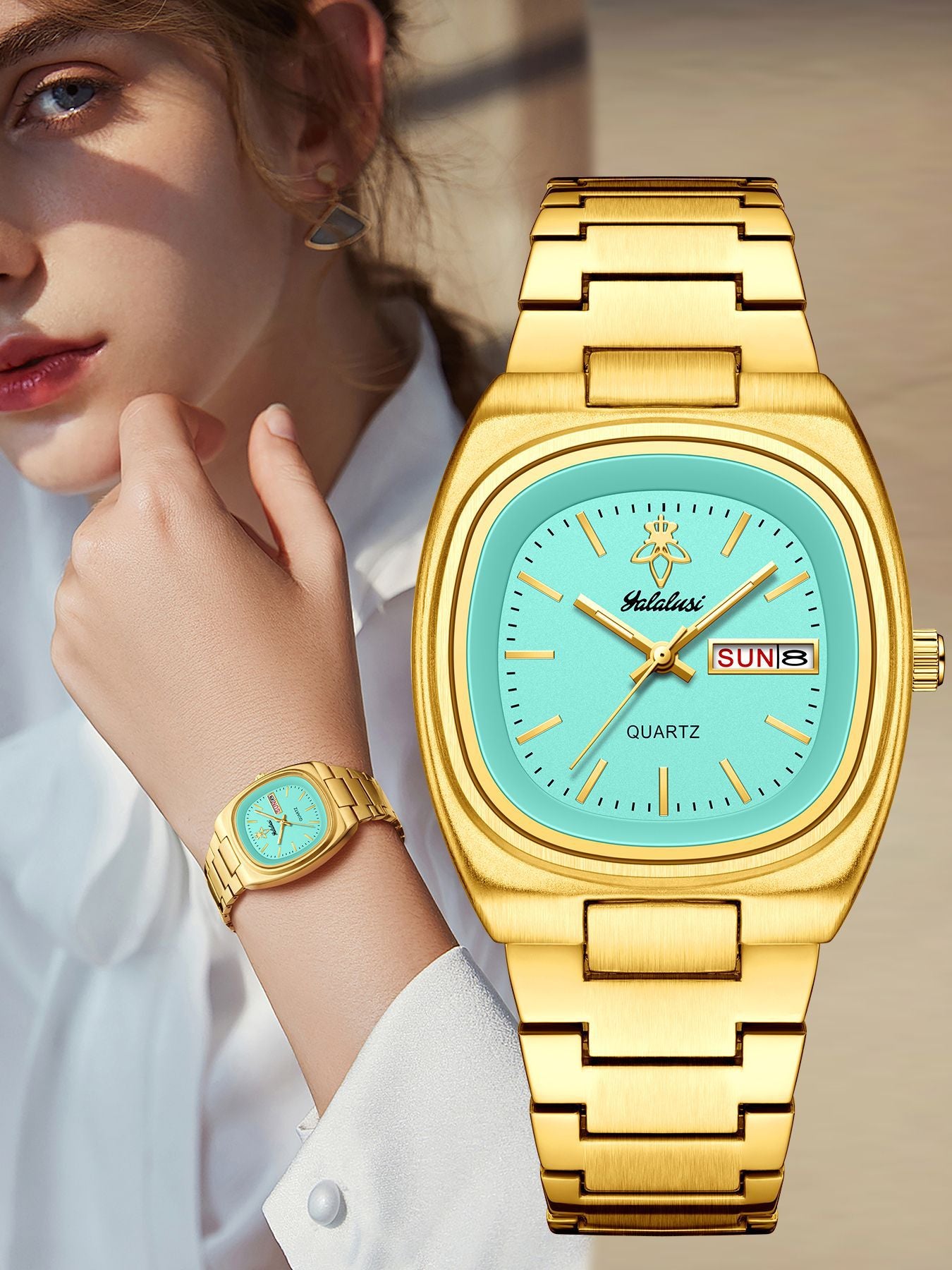 Women’s Quartz Watch With Tempered Glass, Square Dial, Steel Strap, Number Display, Butterfly Double Snap Buckle Golden