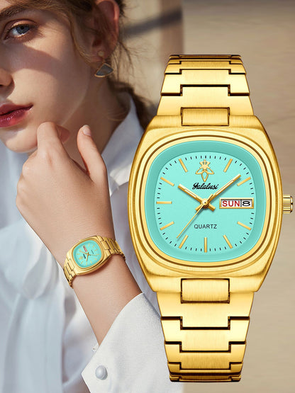 Women’s Quartz Watch With Tempered Glass, Square Dial, Steel Strap, Number Display, Butterfly Double Snap Buckle Golden