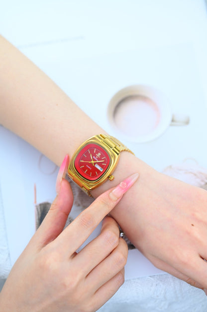 Women’s Quartz Watch With Tempered Glass, Square Dial, Steel Strap, Number Display, Butterfly Double Snap Buckle Golden
