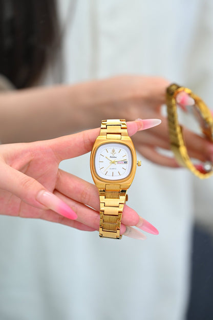 Women’s Quartz Watch With Tempered Glass, Square Dial, Steel Strap, Number Display, Butterfly Double Snap Buckle Golden