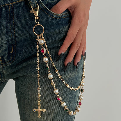 Hip-Hop Metal Waist Chain Featuring Flower And Cross Patterns In Golden Color