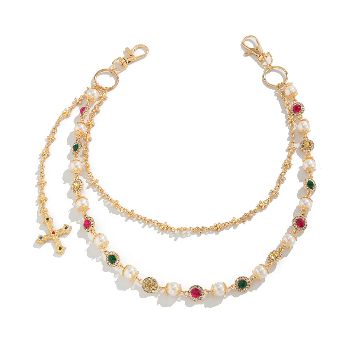 Hip-Hop Metal Waist Chain Featuring Flower And Cross Patterns In Golden Color