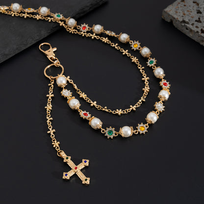 Hip-Hop Metal Waist Chain Featuring Flower And Cross Patterns In Golden Color