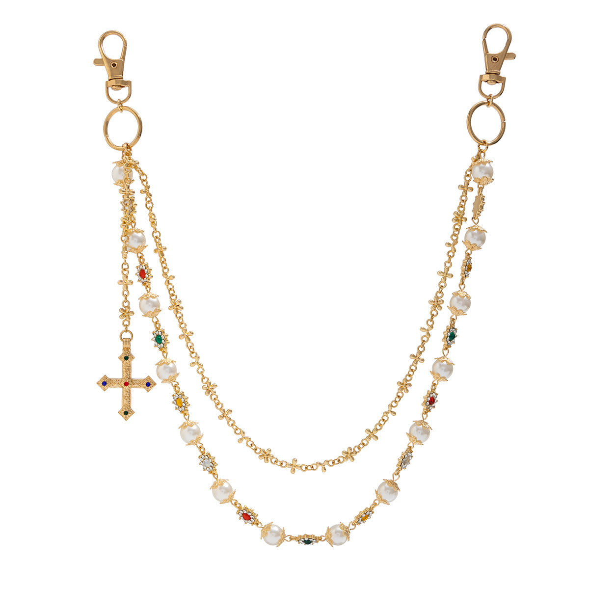 Hip-Hop Metal Waist Chain Featuring Flower And Cross Patterns In Golden Color