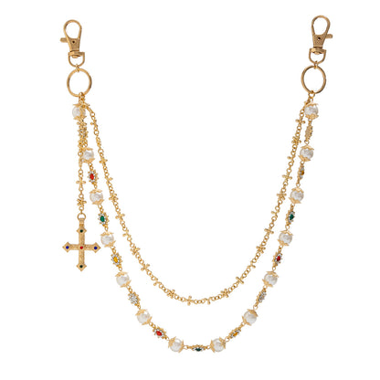 Hip-Hop Metal Waist Chain Featuring Flower And Cross Patterns In Golden Color