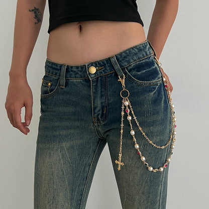 Hip-Hop Metal Waist Chain Featuring Flower And Cross Patterns In Golden Color