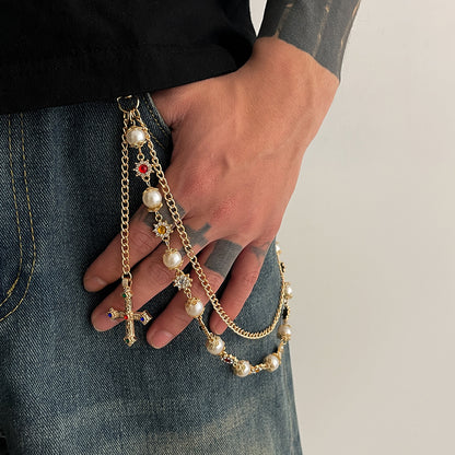 Hip-Hop Metal Waist Chain Featuring Flower And Cross Patterns In Golden Color
