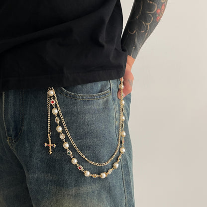 Hip-Hop Metal Waist Chain Featuring Flower And Cross Patterns In Golden Color