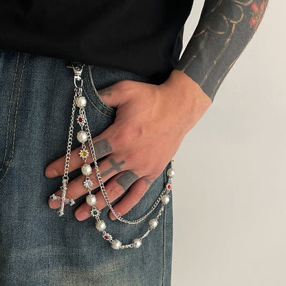 Hip-Hop Metal Waist Chain Featuring Flower And Cross Patterns In Golden Color