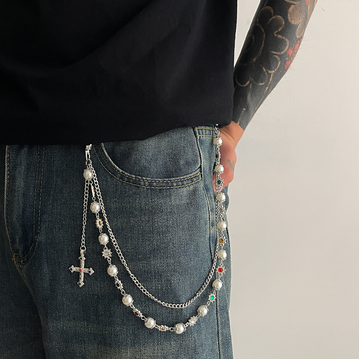 Hip-Hop Metal Waist Chain Featuring Flower And Cross Patterns In Golden Color