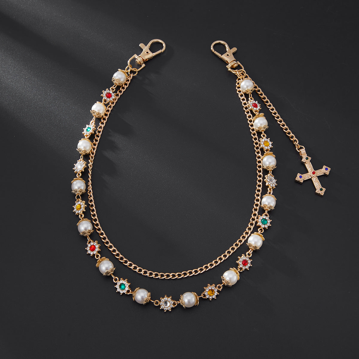 Hip-Hop Metal Waist Chain Featuring Flower And Cross Patterns In Golden Color