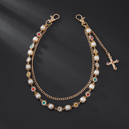 Hip-Hop Metal Waist Chain Featuring Flower And Cross Patterns In Golden Color