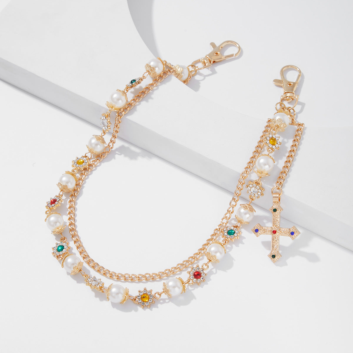 Hip-Hop Metal Waist Chain Featuring Flower And Cross Patterns In Golden Color