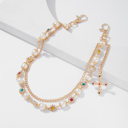 Hip-Hop Metal Waist Chain Featuring Flower And Cross Patterns In Golden Color