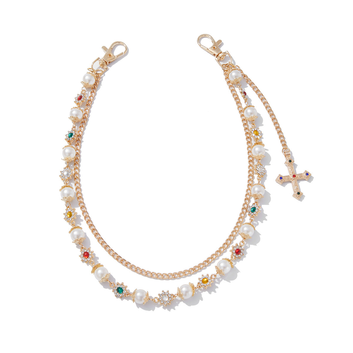 Hip-Hop Metal Waist Chain Featuring Flower And Cross Patterns In Golden Color