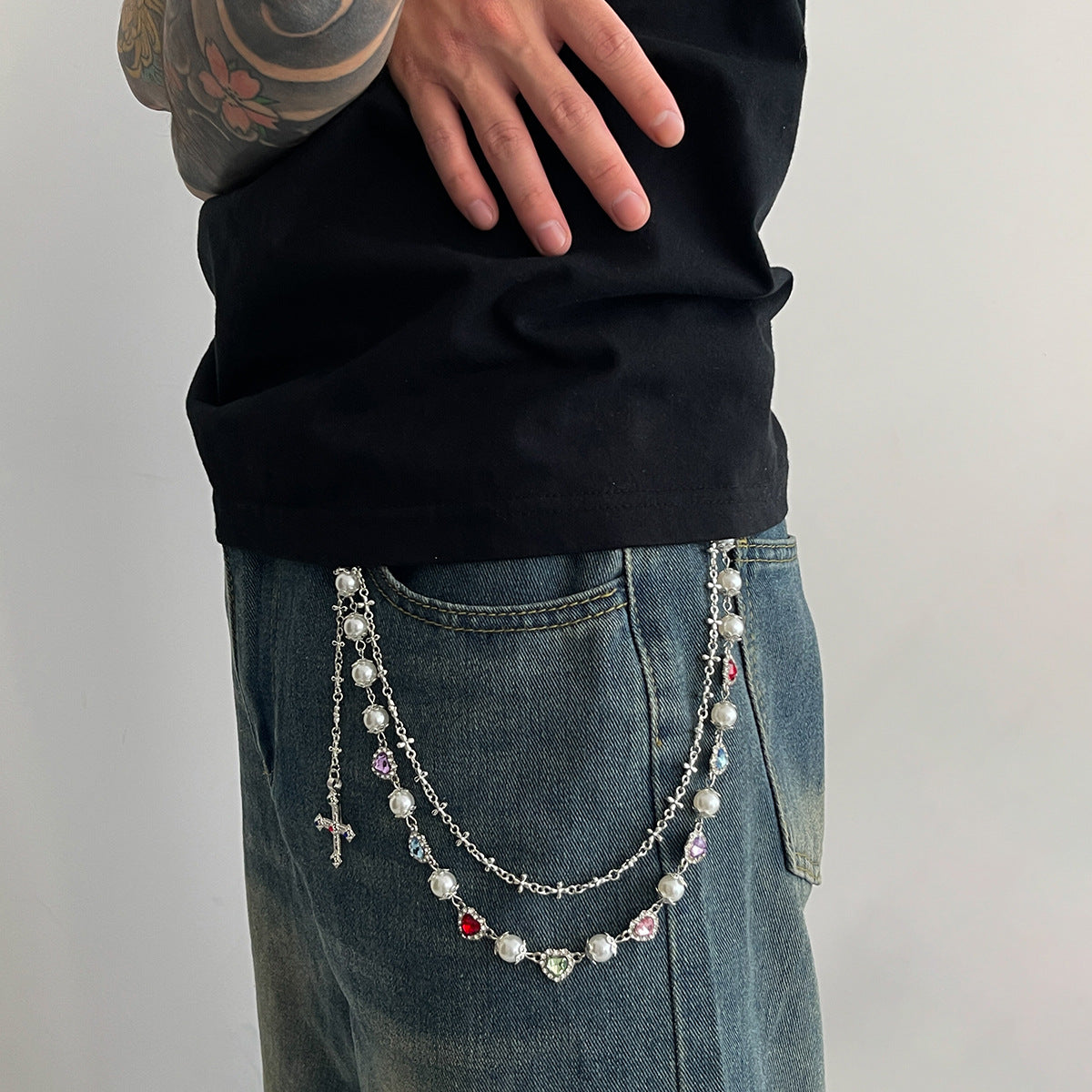 Hip-Hop Metal Waist Chain Featuring Flower And Cross Patterns In Golden Color