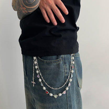 Hip-Hop Metal Waist Chain Featuring Flower And Cross Patterns In Golden Color