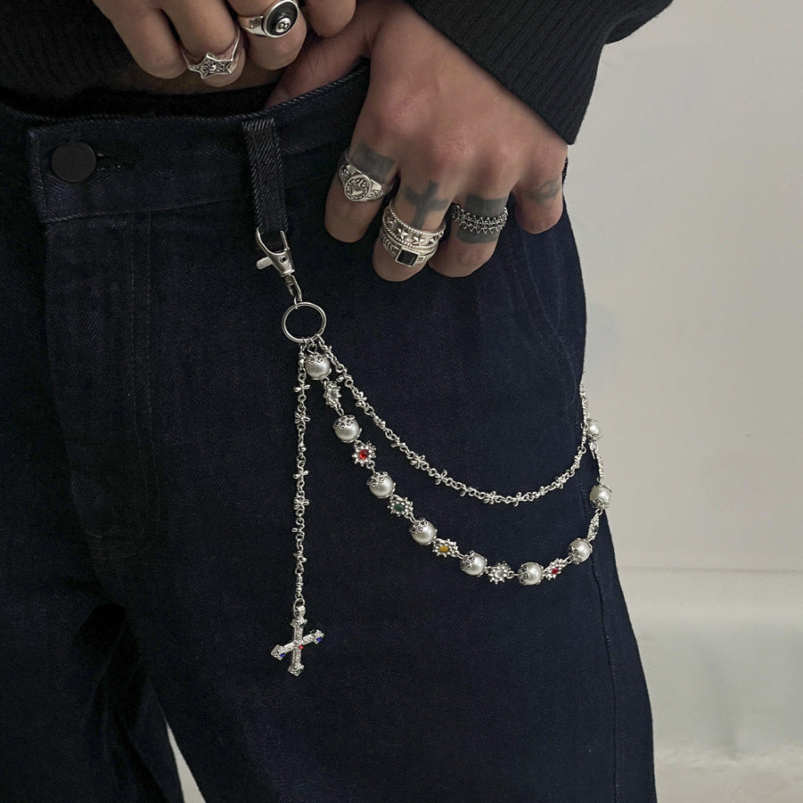 Hip-Hop Metal Waist Chain Featuring Flower And Cross Patterns In Golden Color