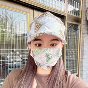 White Plaid Sequin Mesh Hat + White Face Mask