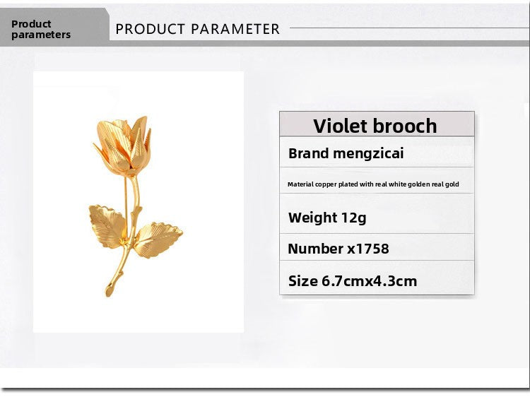 Rose Pattern Copper Brooch Pin In Elegant Golden Finish For Stylish Jewelry Accessory