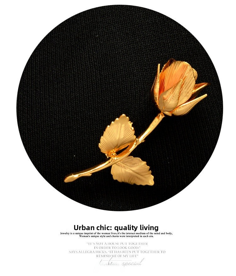 Rose Pattern Copper Brooch Pin In Elegant Golden Finish For Stylish Jewelry Accessory