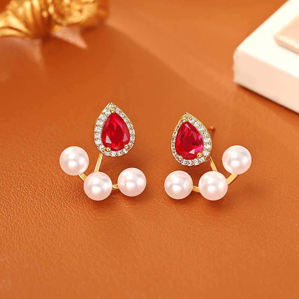 Water Droplets Copper Stud Earrings For Women In Red, Elegant Jewelry Accessories