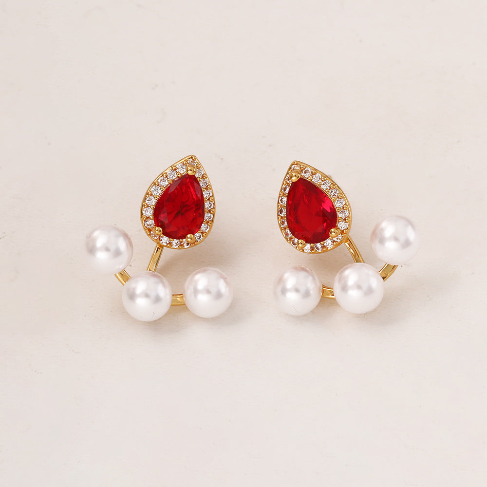 Water Droplets Copper Stud Earrings For Women In Red, Elegant Jewelry Accessories