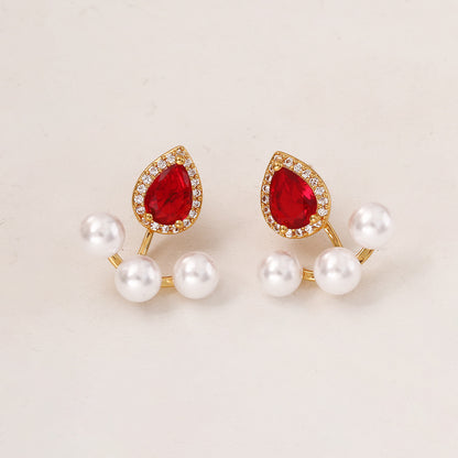 Water Droplets Copper Stud Earrings For Women In Red, Elegant Jewelry Accessories