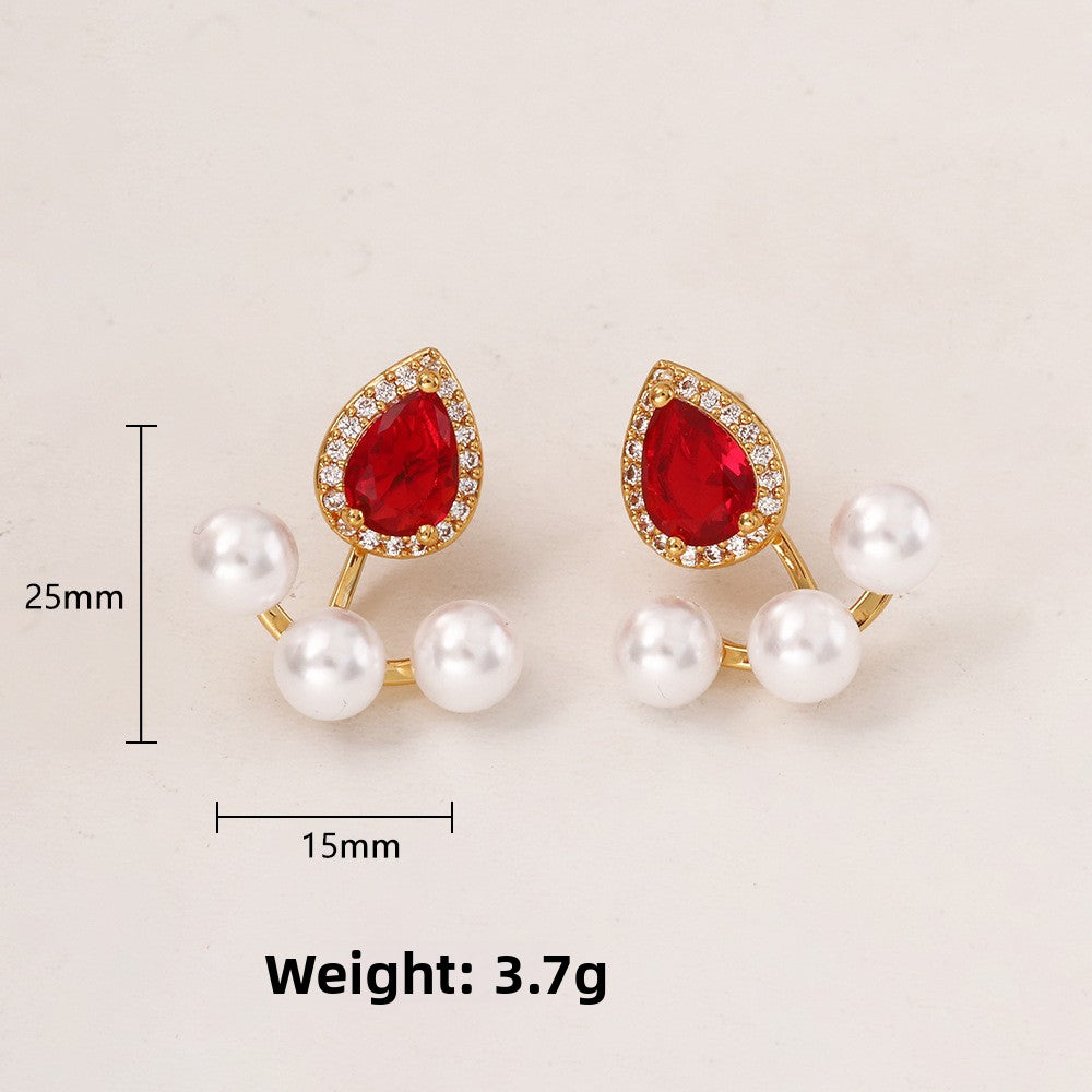 Water Droplets Copper Stud Earrings For Women In Red, Elegant Jewelry Accessories