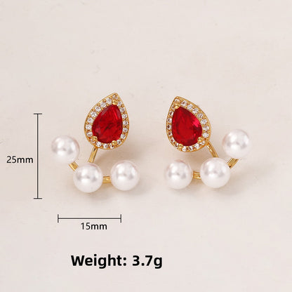 Water Droplets Copper Stud Earrings For Women In Red, Elegant Jewelry Accessories