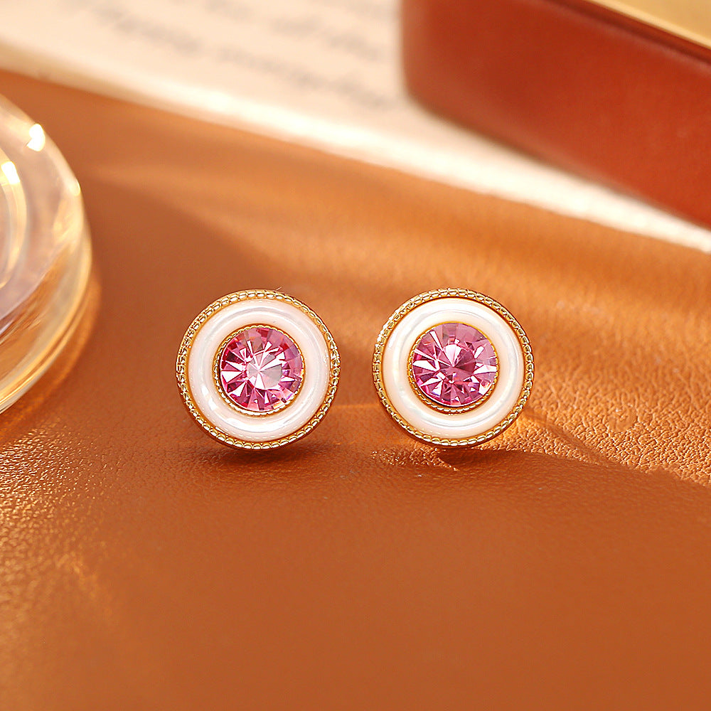 Hip-Hop Stud Earrings For Men And Women Featuring Zircon Inlay And Shell Material
