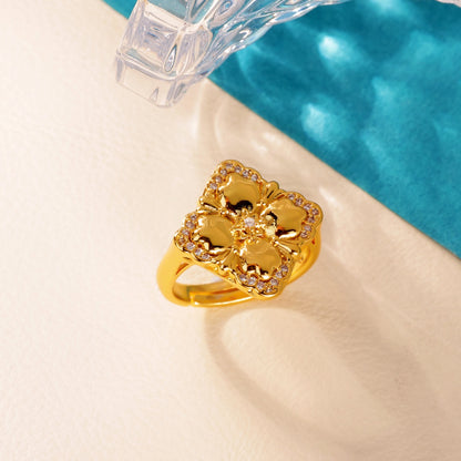 Electroplated Flowers Ring For Women In Copper With 18K Real Gold PVD Coating And Zircon Inlay