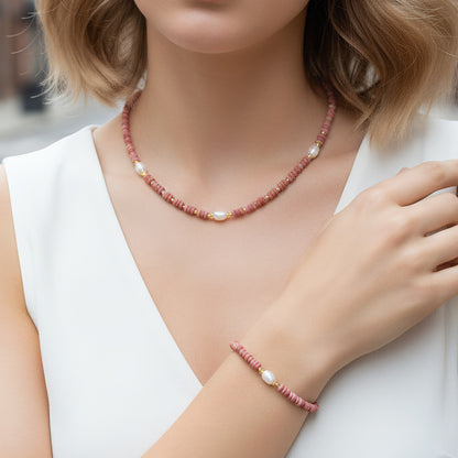 Round Necklace For Women Featuring Rhodochrosite Inlay And Copper Material In Red, 1 Set