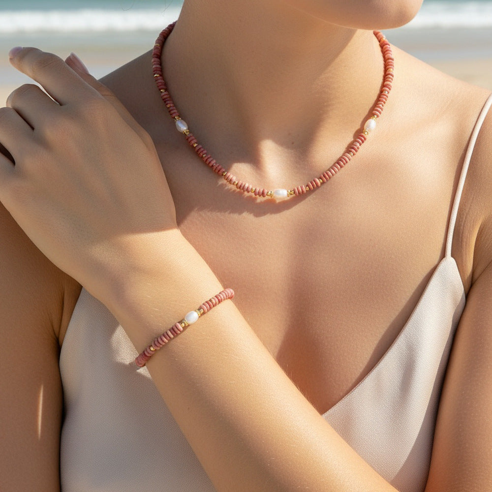 Round Necklace For Women Featuring Rhodochrosite Inlay And Copper Material In Red, 1 Set