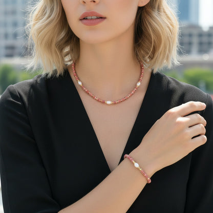 Round Necklace For Women Featuring Rhodochrosite Inlay And Copper Material In Red, 1 Set