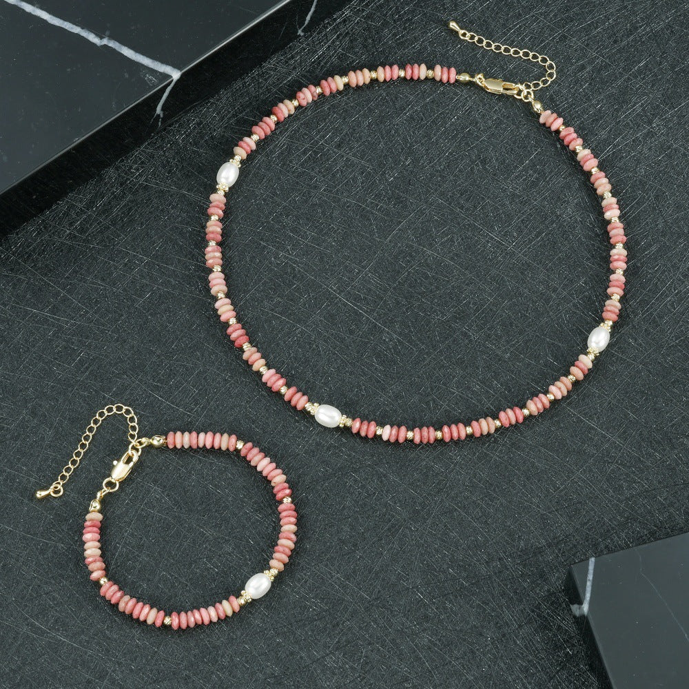Round Necklace For Women Featuring Rhodochrosite Inlay And Copper Material In Red, 1 Set