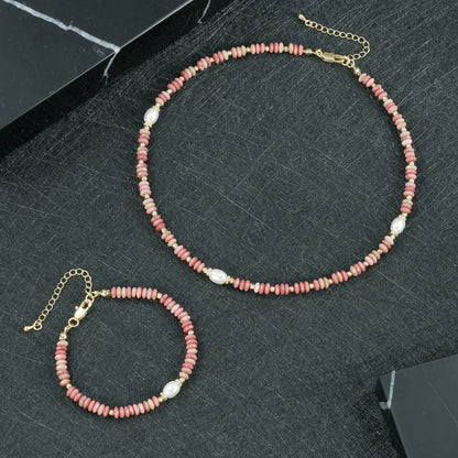 Round Necklace For Women Featuring Rhodochrosite Inlay And Copper Material In Red, 1 Set