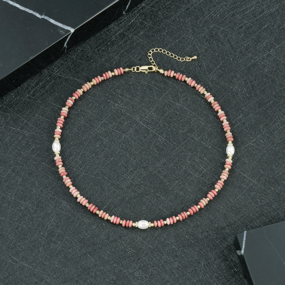 Round Necklace For Women Featuring Rhodochrosite Inlay And Copper Material In Red, 1 Set