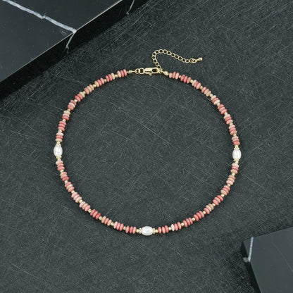 Round Necklace For Women Featuring Rhodochrosite Inlay And Copper Material In Red, 1 Set