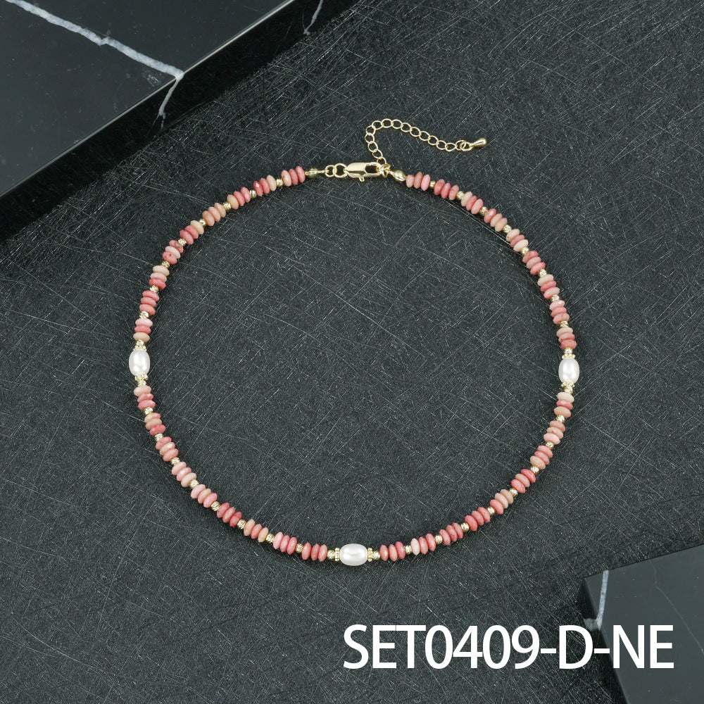 Round Necklace For Women Featuring Rhodochrosite Inlay And Copper Material In Red, 1 Set