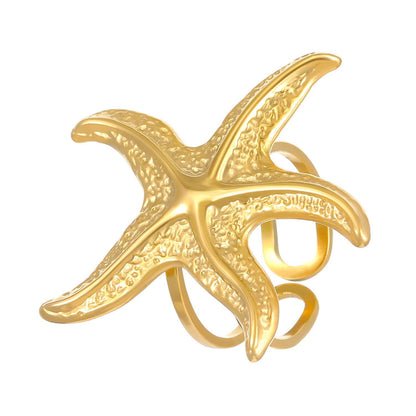Ocean Pattern Open Ring In Steel Color, Marine Style, 1 Piece