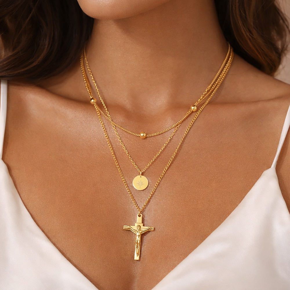 Punk Style Cross Necklace For Men And Women, 18K Real Gold Plated On Durable 304 Stainless Steel