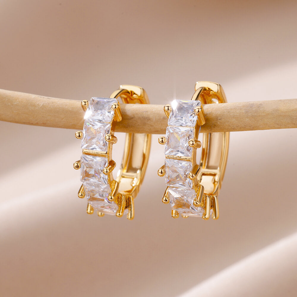 Geometric Earrings For Women In 18K Real Gold Plated Copper Featuring Zircon Inlay